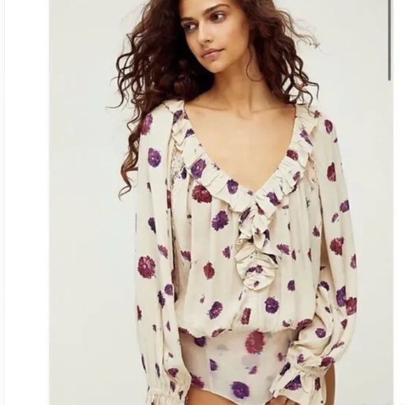 Free People Floral Poppy Printed Bodysuit Ruffle lace Cream Size S Pink - Picture 14 of 14